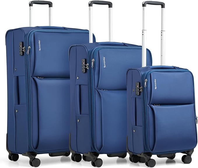 Hanke 3 Piece Luggage Sets Softside Expandable Carry On Luggage Set Travel Suitcase Sets with Spinner Wheels TSA Approved Luggage(Blue, 20in/24in/28in)