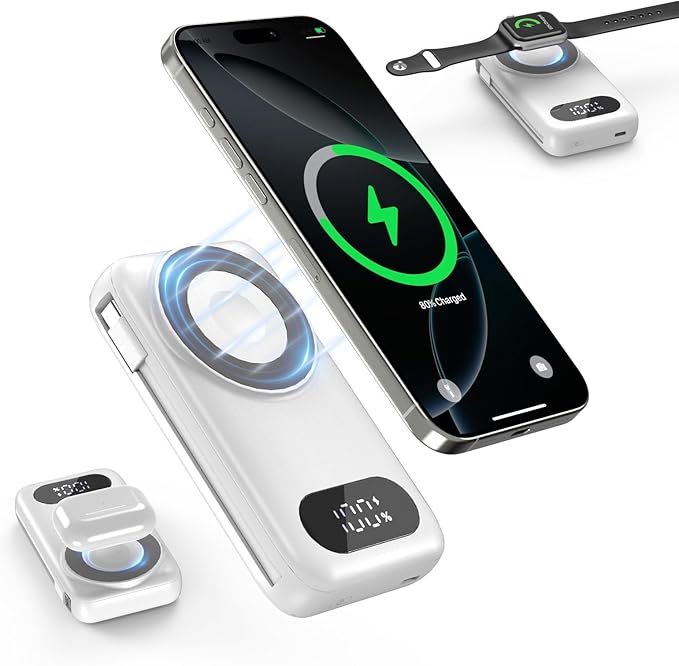 Magnetic Portable Charger 26800mAh for iPhone 16/15/14/13/12 with Built-in Cables，6-in-1 Wireless Power Bank with iWatch Charger and Compatible with Samsung, Android Phones, AirPods(White)