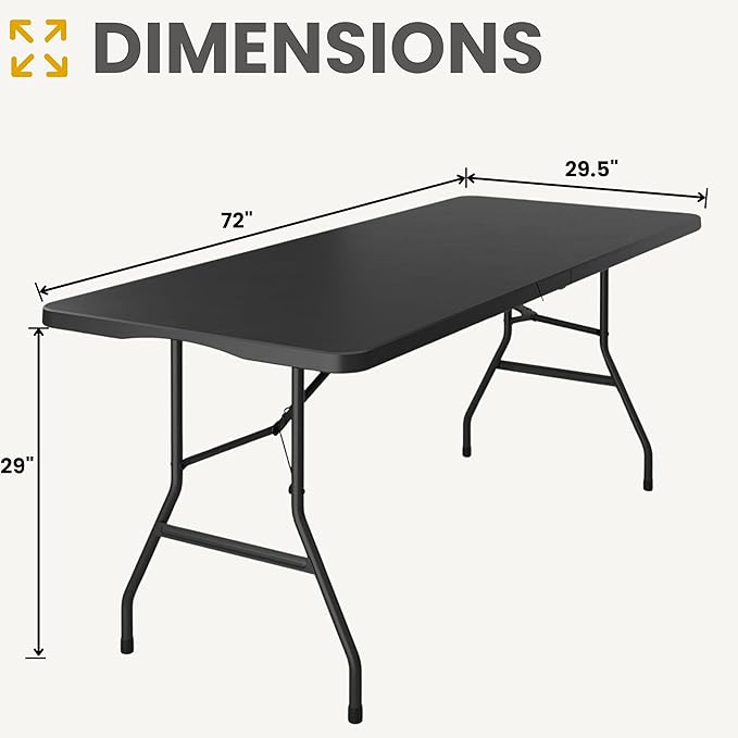 BTEXPERT Set of 2, Fold-in-Half Folding Utility Table 6 Feet 72"x 29.5" Lightweight Portable Carrying Handle Indoor Outdoor Picnic Camping Office Home Party Wedding Event Easy to Clean Store Black