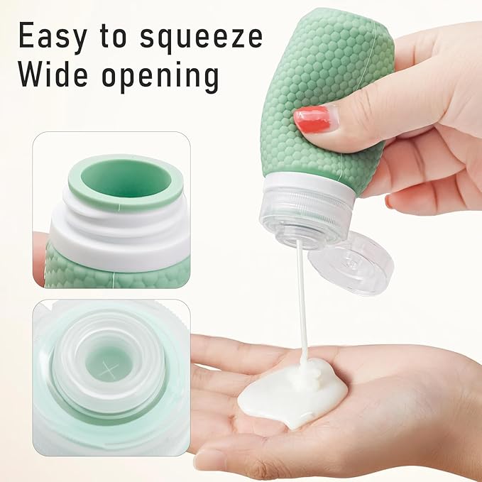 Travel Bottles for Toiletries 2oz 60ml 2 Pack + Cosmetic Jar 40ml 1.35oz Luxury Leather Pattern, Anti-slip Silicone Premium Refillable Bottle Set with Facial Brush for Gym Men Women, Green