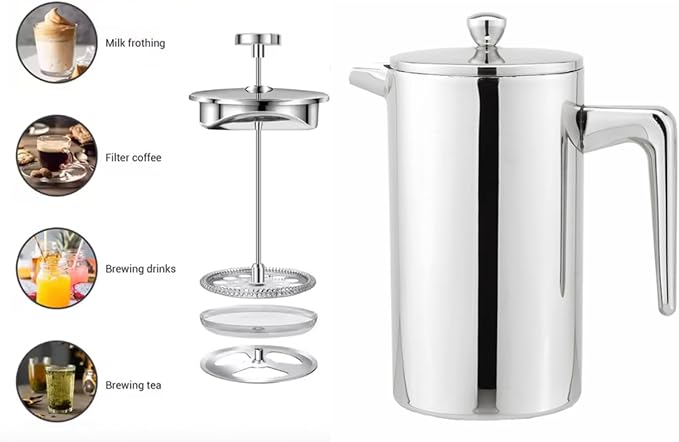 VIA CREMA French Press Coffee Maker, Stainless Steel with Glass Carafe, 1000ml/34oz or 800ml/27oz Capacity
