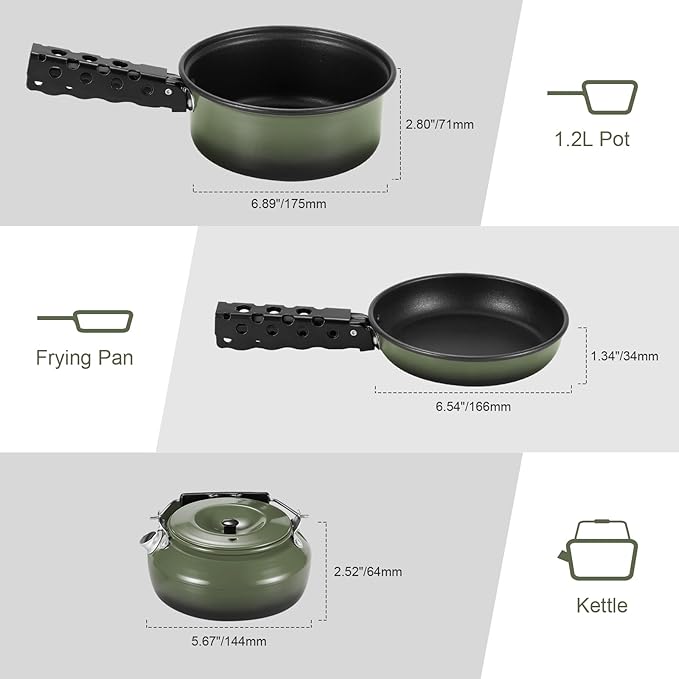 Odoland 5pcs Camping Cookware Non-Stick Camping Pot and Pan Set with Kettle and Removable Handle for Hiking Backpacking and Picnic