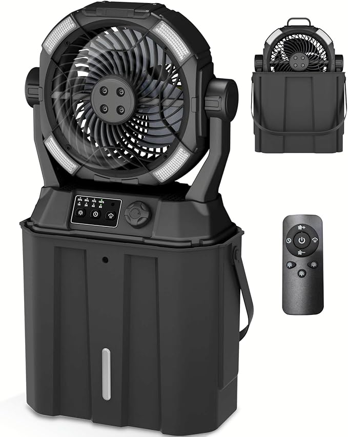 Portable Misting Fan 42800mAH Rechargeable with Remote Control, 6L Bucket Camping Fan with LED Lights & Stepless Speed Control & Cooling Mist, Portable Handle & Rotate Hook, Timer Function
