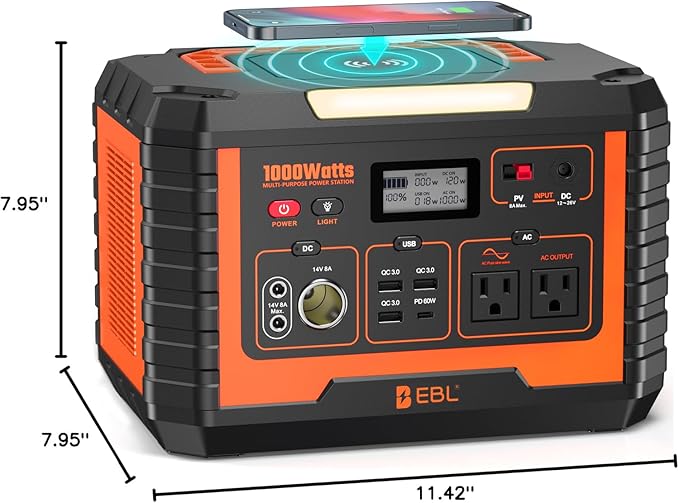EBL Portable Power Station 1000W, 999Wh Solar Generator 2000W Peak, AC/Wireless Charging/60W USB-C Output, Lithium Battery for Emergency, Home Backup, Camping, RV, Off-Grid Living