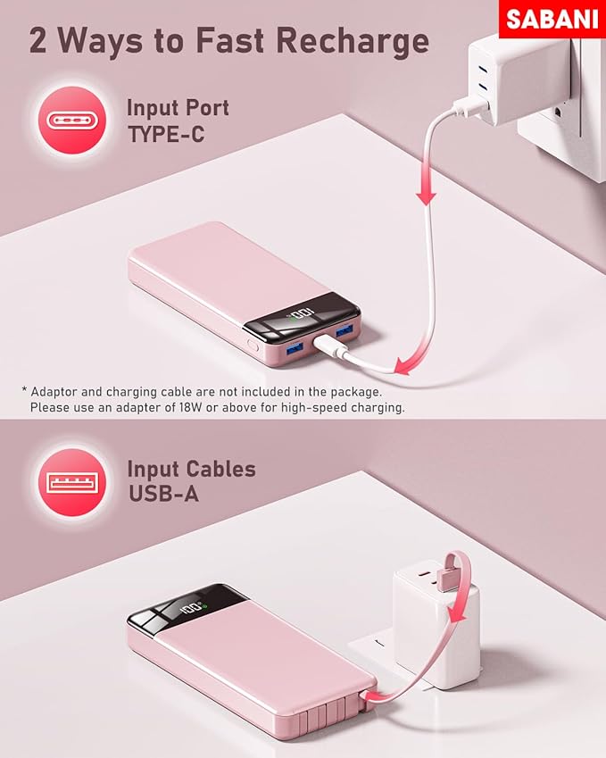 SABANI Portable Charger 35000mAh Power Bank - Portable Battery with 4 Built in Cables, 22.5W Fast Charging Battery Pack Compatible with iPhone 16 15 14 13 Samsung Android Phone etc (1 Pack, Pink)