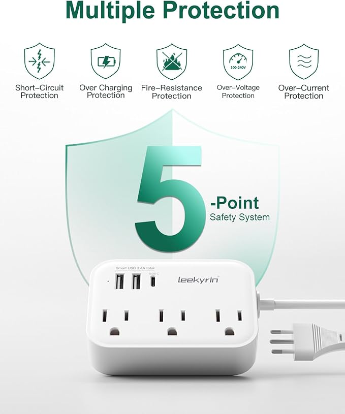 Italy Travel Plug Adapter, Type L Adapter for Travel with 3 Outlets 3 USB Ports (1 USB-C 3.4A), 3ft Wrapped Around Extension Cord, Power Adaptor for US to Italy Chile Rome Uruguay Milan Libya