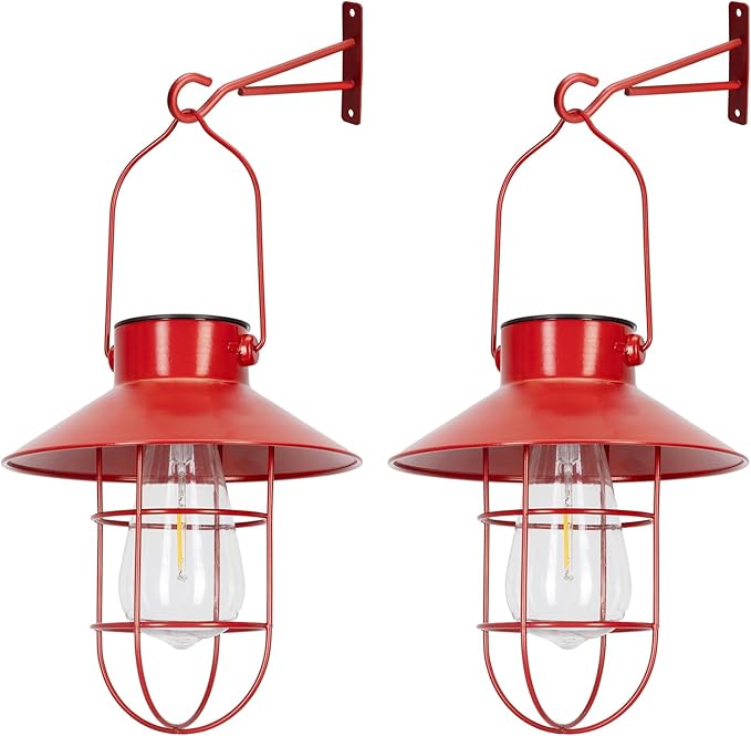 Solar Lanterns Outdoor Christmas Metal Solar Powered Hanging Lights Waterproof for Wall Barn Yard Garden Patio Garage Balcony Porch Fence Decor, Warm White Edison Bulb (Red-2pack)
