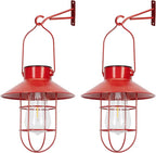 Solar Lanterns Outdoor Christmas Metal Solar Powered Hanging Lights Waterproof for Wall Barn Yard Garden Patio Garage Balcony Porch Fence Decor, Warm White Edison Bulb (Red-2pack)