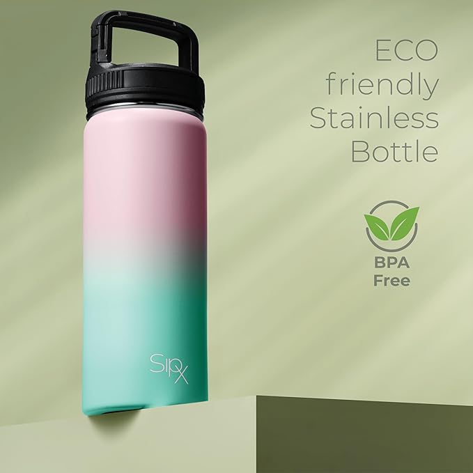 SipX™ Triple-Insulated Stainless Steel Water Bottle 18oz. With 3 Lids, BPA-Free Reusable Insulated Water Bottle Keeps Cold 24 Hours, (Gradiant Mint Pink)