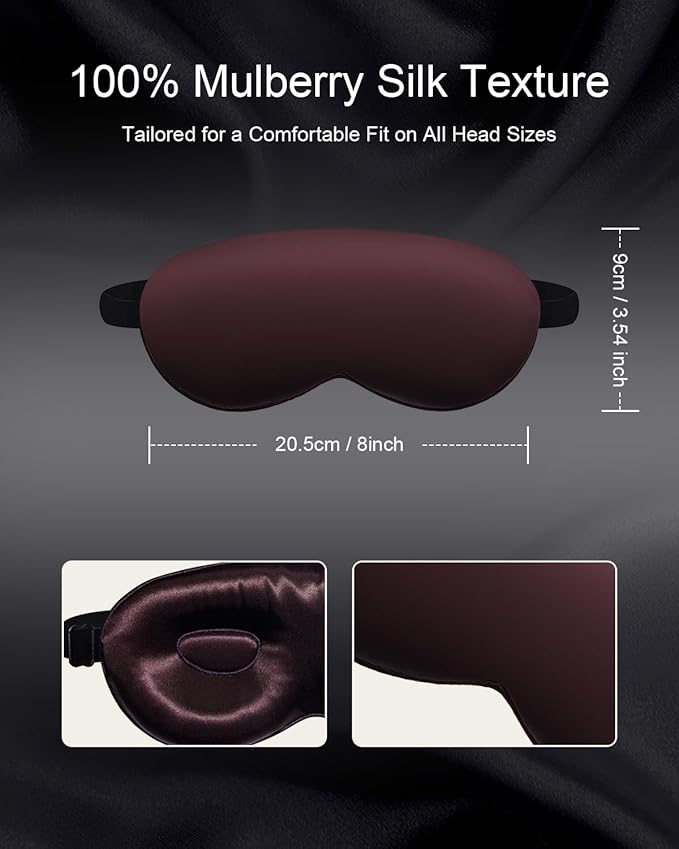 Luxury 22 Momme 100% Mulberry Silk Sleep Mask – 3D Eye Mask with Adjustable Strap, Gentle on Skin and Eyes, Provides Complete Light Blockage for Deep Sleep (Burgundy, Adjustable)