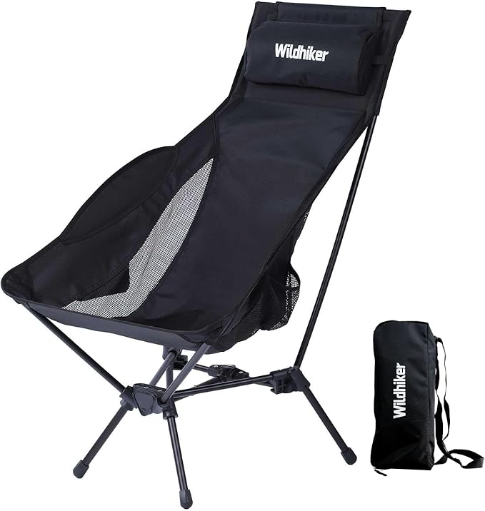 Wildhiker Portable Compact Folding Camping Chairs – Lightweight High Back with Pillow, Deep Recline, ArmPads, Side Pockets-for Motorcycle, RV, Backpacking,Travel，Festival – Black