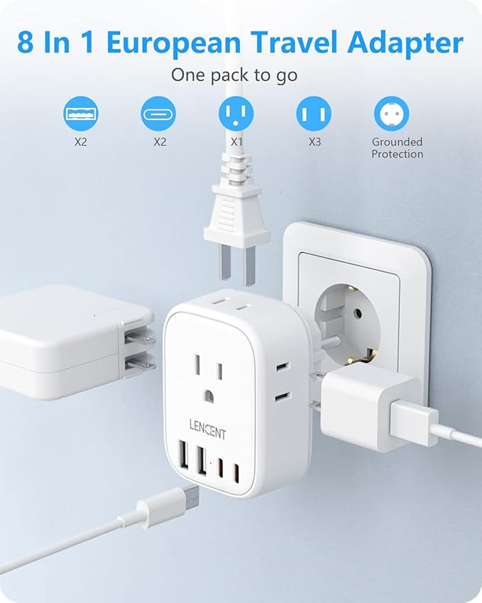 LENCENT Germany France Travel Power Adapter, Schuko Type E F Power Plug Adaptor with 4 USB Ports(2 Type C), 4 Outlet Converter, US to EU Spain France German Greece Norway Iceland South Korea Portugal