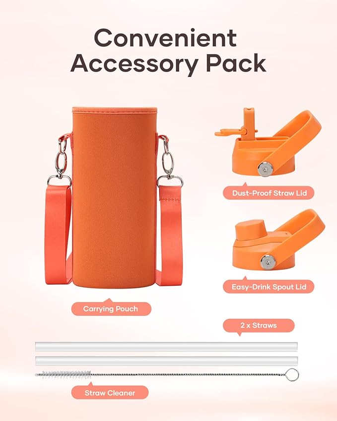 BUZIO 40oz Insulated Water Bottle, Stainless Steel Water Flask with Straw Lid and carrying pouch, Keep Cold 48h Leak Proof Double Wall Vacuum Travel Mug Metal Canteen for Gym Beach, Gradient Orange