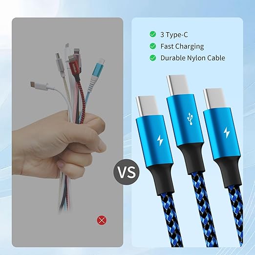USB C Splitter Cable Multi Charging Cable, Nylon USB C Splitter Cable, Multiple Charger Cord with 3 Type C Compatible with iPhone 16/15 Series, Galaxy S Series with Most Phones and More (2Pack 5FT)