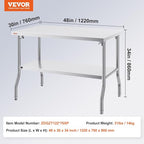 VEVOR Commercial Worktable Workstation 48x30 Inch Folding Commercial Prep Table, Double-Shelf Stainless Steel Folding Table, Kitchen Work Table with 772 lbs Load Silver Stainless Steel Kitchen Island