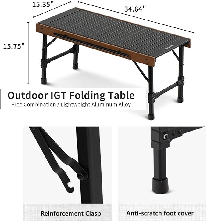 Naturehike IGT Camping Table, Fold up Lightweight, Aluminum Alloy+Wood, 4-6 Person Portable Table with Carry Bag for Outdoor, Folding Square Table, Picnic Backyards BBQ Camp Kitchen