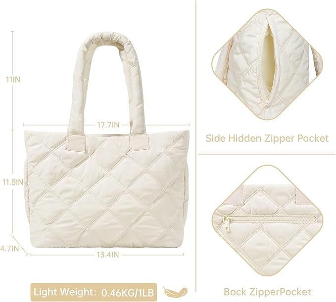 Puffer Tote Bag for Women, Quilted Bag with Zipper, Small Tote HandBags for Work, Travel