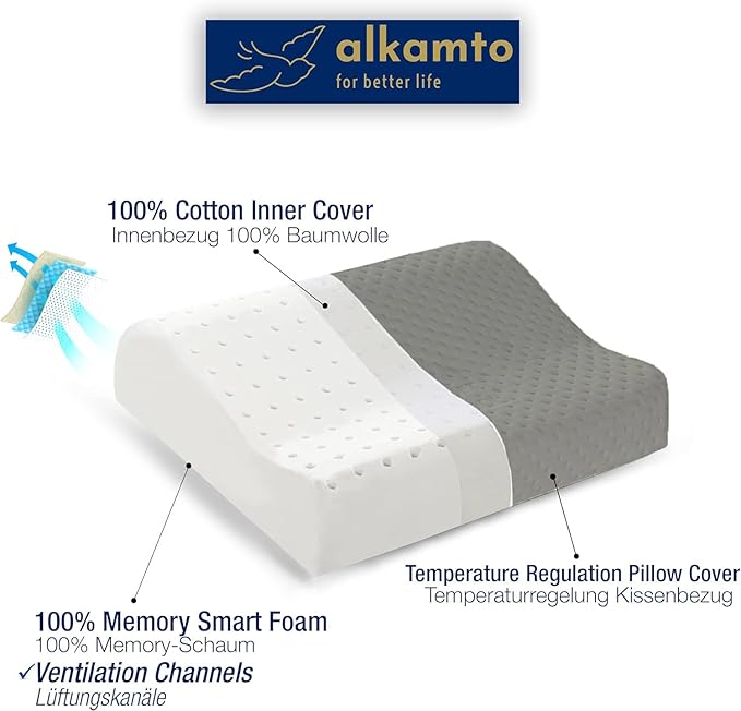 alkamto Travel & Camping Comfortable Memory Foam Pillow – Easy to Carry Portable Bag – Temperature Regulating Pillow Case (Grey Contour)