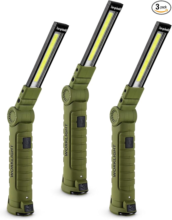 3 Pack Rechargeable LED Work Lights with Magnetic Base and 360° Rotation, 5 Modes for BBQ, Camping, Reading, and Car Repair