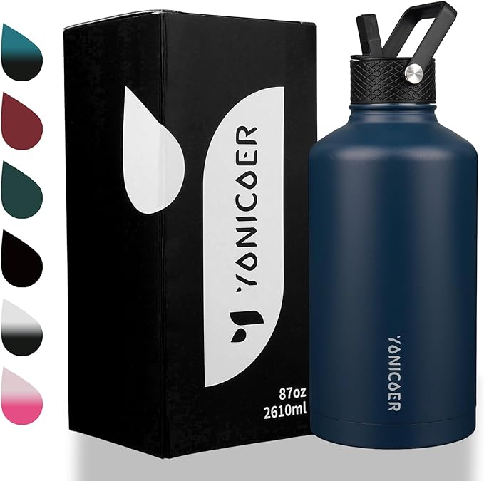 Insulated Water Bottle 87oz,Triple Wall Vacuum Stainless Steel(Dishwasher Safe),Leak Proof & Non-BPA,Flask Jug with Paracord Handle & Straw Spout Lids Sports Navy Blue