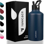 Insulated Water Bottle 87oz,Triple Wall Vacuum Stainless Steel(Dishwasher Safe),Leak Proof & Non-BPA,Flask Jug with Paracord Handle & Straw Spout Lids Sports Navy Blue