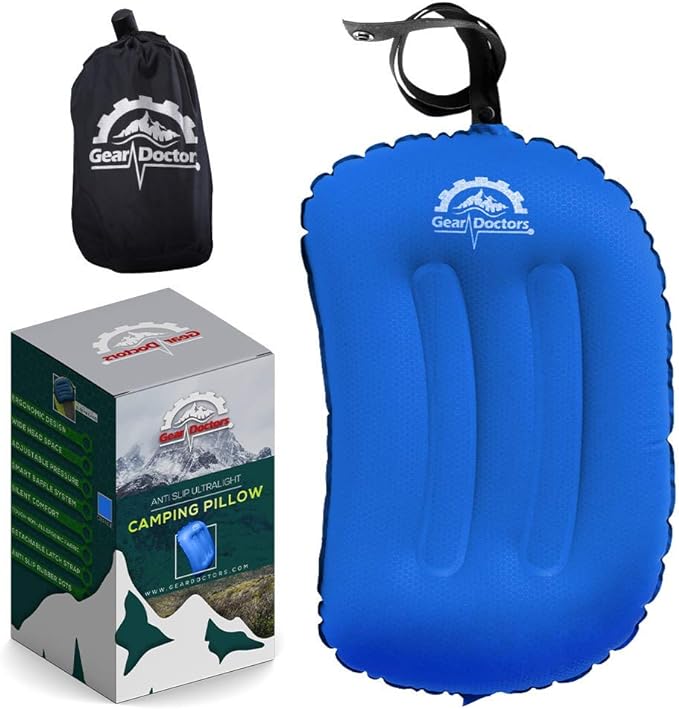Gear Doctors Camping - Inflatable Camp Pillow, Backpacking - Inflatable - Blow Up Pillow for Camping (Blue)