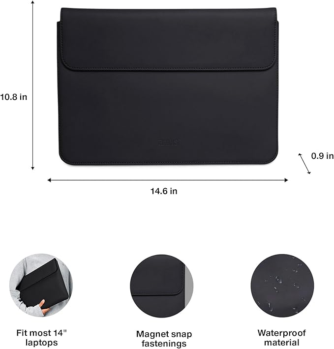 RAINS Laptop Portfolio 13"/14'' – Black Waterproof Protective Computer Case with Soft Lining, Flap Closure, Fits 14" Laptop – Water Resistant & Repellent – 2 Year Warranty