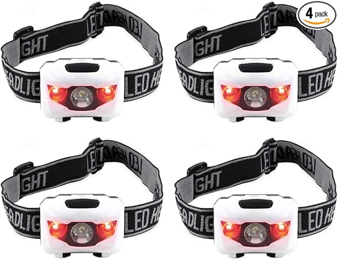 HappyOrange 4-Pack Waterproof LED Headlamp (White and Red Lights), 4 Light Modes Lightweight Headlight for Running, Hiking, Hunting, Fishing, Camping