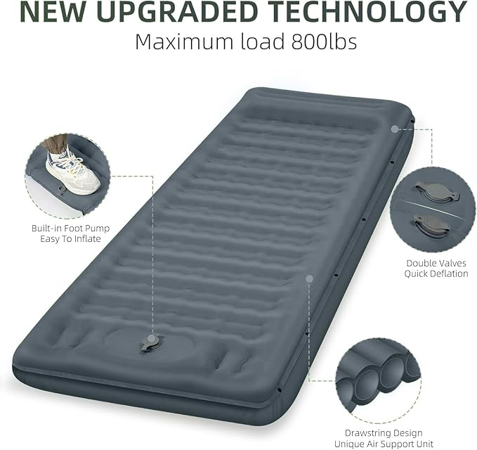 Double Sleeping Pad Camping, Self Inflating 6'' Extra-Thick 2 Person Pillow Built-in Foot Pump Waterproof Inflatable Sleeping Mat Backpacking, Tent, Hiking, Portable Camping Pad