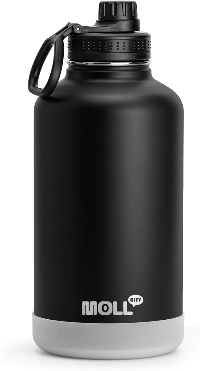 Water Bottle 64 oz Stainless Steel Vacuum Insulated Sports Water Bottle with Spout Lid- Metal Leak Proof Travel Wide Mouth Water Flask (Black)