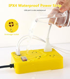Outdoor Power Strip Weatherproof,Fast Charging Station 20W USB C,Waterproof Surge Protector 4 Outlets, Multi Outlet Extension for Camping, Garden, Kitchen,Bathroom,Flat Plug (Yellow, 25 FT Cable)