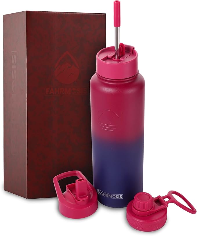 40 Oz Water Bottle with Straw Stainless Steel Sports Water Bottle with 3 Lids (Straw, Chug and Flip Lid) Insulated Leak Proof Metal Jug for Men & Women - Red Fusion