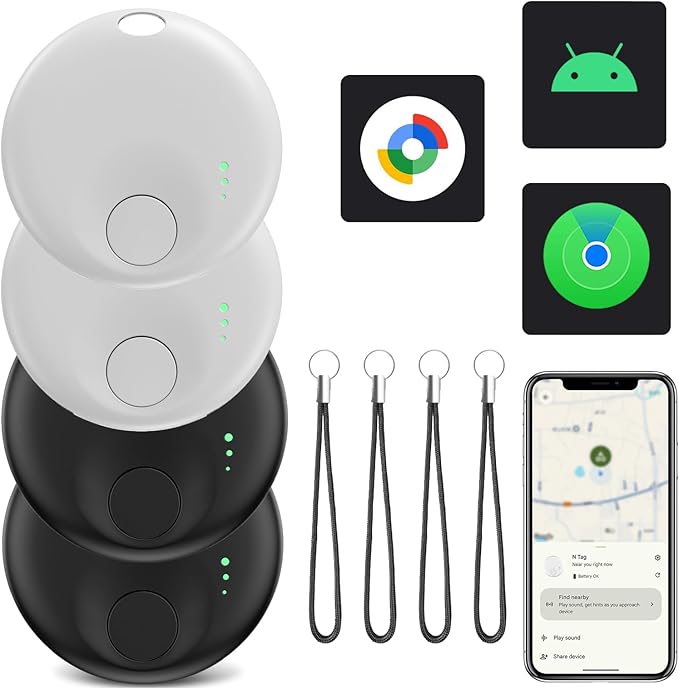 Air Tracker Tags-4 Pack, Bluetooth Tracker with Sound, Compatible with Google’s Find Hub (Android) and Apple Find My (iOS), for Keys, Wallets, Luggage, Pets, No Subscription (2Black+2White)