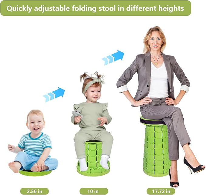 Portable Collapsible Stool, Adjustable Height Folding Seat for Adults and Kids, Lightweight Retractable Telescoping Stool for Camping, Travel, Fishing, Outdoor & Indoor Use (Apple Green)