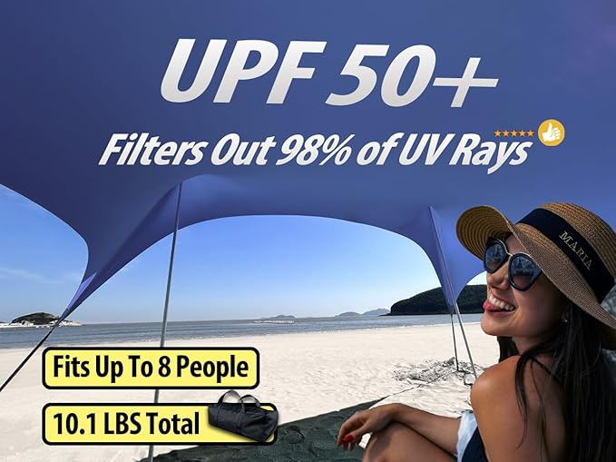 10×10ft UPF50+ Beach Tent Sun Shelter, Windproof Stable Outdoor Pop Up Beach Shade Canopy for Camping, Fishing, Backyard Fun or Picnics, 4 Poles