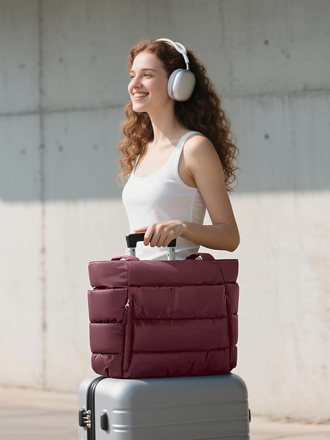 Puffer Tote Bag for Women, Lightweight Puffy Work Handbag Teacher Nurse Quilted Shoulder Bag for School Travel Gym