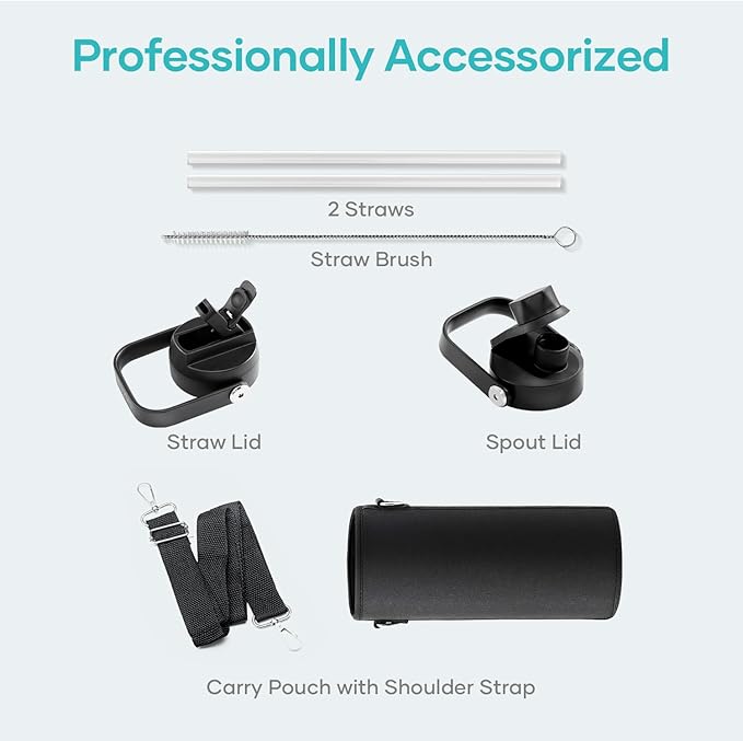 BUZIO Water Bottle with Straw Lid and Flex Cap, 40oz Double Vacuum Stainless Steel Water Flask, Cold for 48 Hrs Hot for 24 Hrs Simple Thermo Canteen Mug, Indigo Black