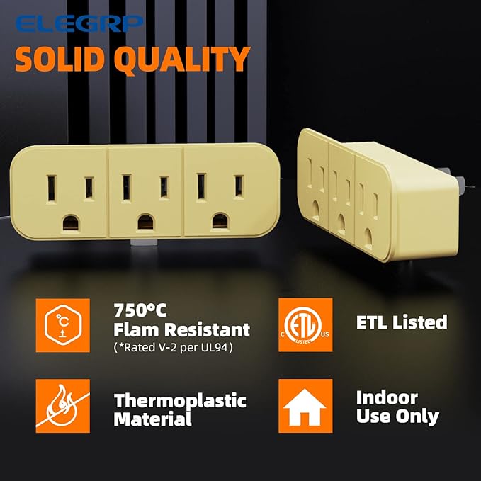 ELEGRP 2 to 3 Prong Grounded Triple Outlet Extender, 2-Prong to 3-Prong Adapter Converters for Wall Outlets, Portable Polarized Wall Plug Splitter with 3 AC Outlets, ETL Listed, 3 Packs, Ivory