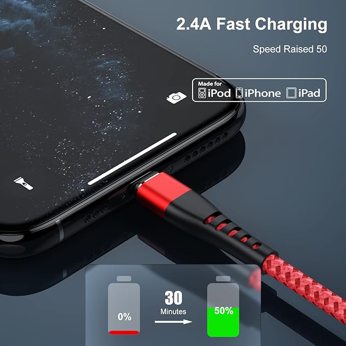 Essri for iPhone Charger Cord 6FT 2Pack, USB to Lightning Cable 6 Feet, Nylon Braided Long Charging Cable 6 Foot Compatible with iPhone 14/13/12/11/X/XS/XR/14/Pad Mini Air - Red