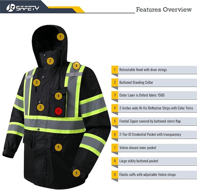 JKSafety Hi-Vis Reflective Safety Rain Jacket for Men Women Waterproof Rain Gears for Farming Fishing Work HV Rain Jacket with Inner Mesh Lining and Pockets (117A-Black XL)