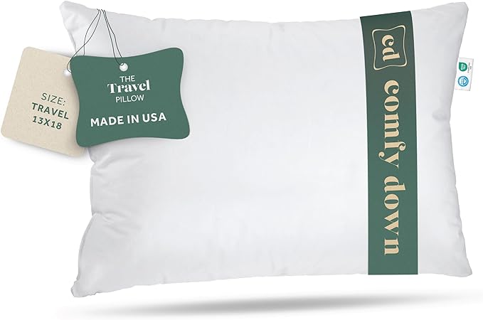 ComfyDown Goose Down Travel Pillow - Filled with 800 Fill Power European Goose Down, Egyptian 300 Thread Count 100% Cotton Cover for Plane car & Home - Made in USA (13" x 18")