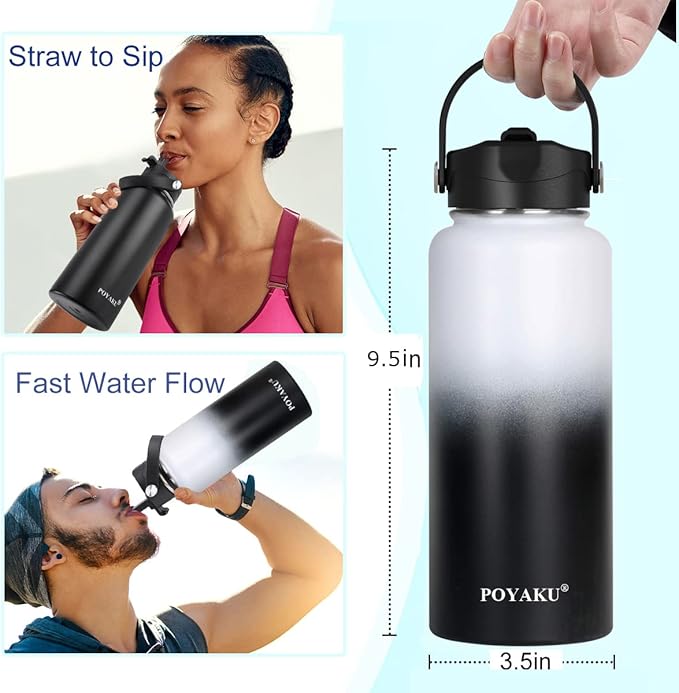 Water Bottle Insulated 32oz 40oz 64oz 128oz Straw Lid Spout Lid & 3 Lids, Leak Proof, Vacuum Insulated,Stainless Steel Water Bottle Wide Mouth for Sports, Gym or Office