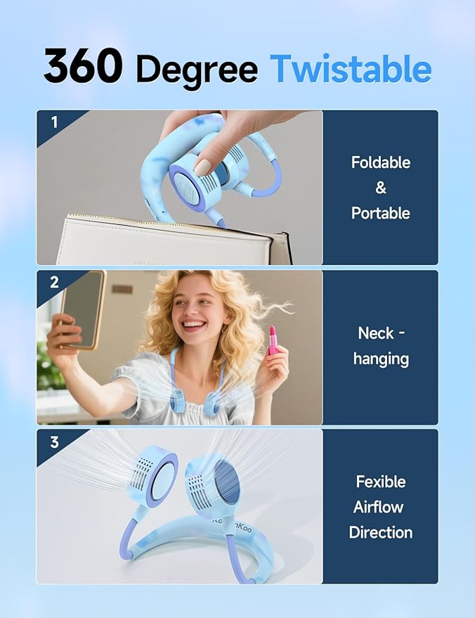 Portable Neck Fan, Hand-Free Fan, 5 Speeds, Foldable, Twistable, Lightweight, Rapid Cooling, Fashion, Quiet, Rechargeable, Summer Gift (Fluid Ice Blue)