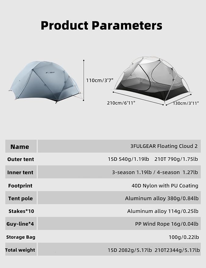3FULGEAR Backpacking Tent, Floating Cloud 2 Easy Setup 2 Person 3/4 Season Ultralight Tents Waterproof Windproof Double Layer Lightweight Outdoor Tent for Camping, Hiking, Hunting, Survival