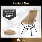 MOON LENCE Oversized Camping Chair for Adults, Height Adjustable High-Back Folding Camping Chair with 400 lbs Capacity, Hidden Pillow Pocket and Wide Seat for Camping, Hiking, Picnics, Khaki