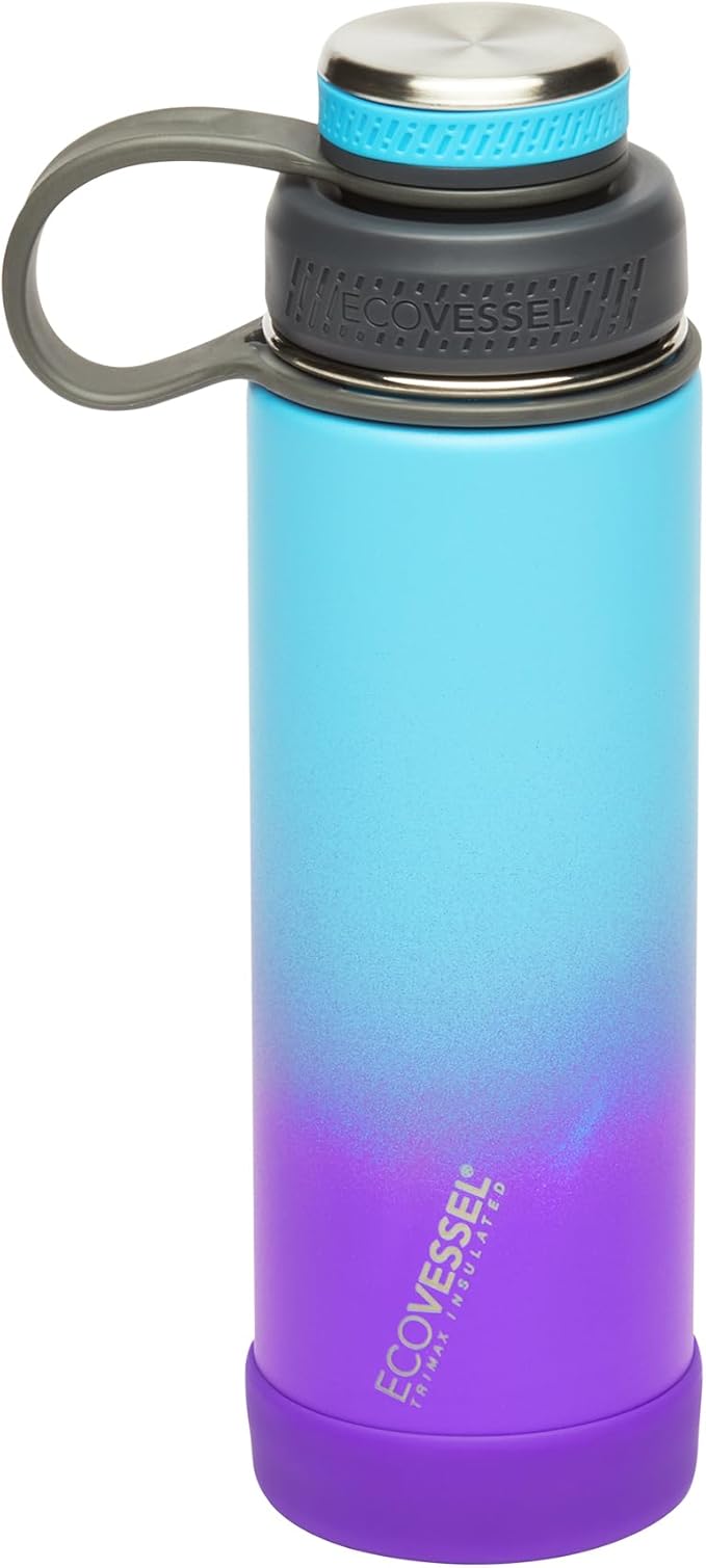 EcoVessel Stainless Steel Water Bottle with Insulated Dual Lid, Insulated Water Bottle with Strainer and Silicone Bottle Bumper, Coffee Mug – 20oz (Lavender Fields)