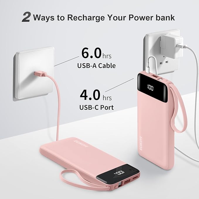 Power Bank 10000mAh Portable Charger with 4 Built-in Cables, Type-C in & Out Phone Charger, External Battery Charger Pack & Travel Essential for iPhone 16/15/14, Samsung, iPad, Android