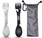 PSKOOK 5-in-1 Utility Tactical Spork, 2-Pack Stainless Steel Spoon & Bottle Opener, Fork & Knife, Can Opener Combo Camping Utensil for Hiking, Camping or Backpacking (Black & Matte Silver)