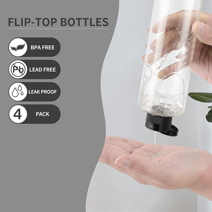 LISAPACK 8.3oz Travel Bottles with Flip Cap (4 Pcs) Empty Dispenser Container for Travel Size Cosmetics (250ml, Clear)