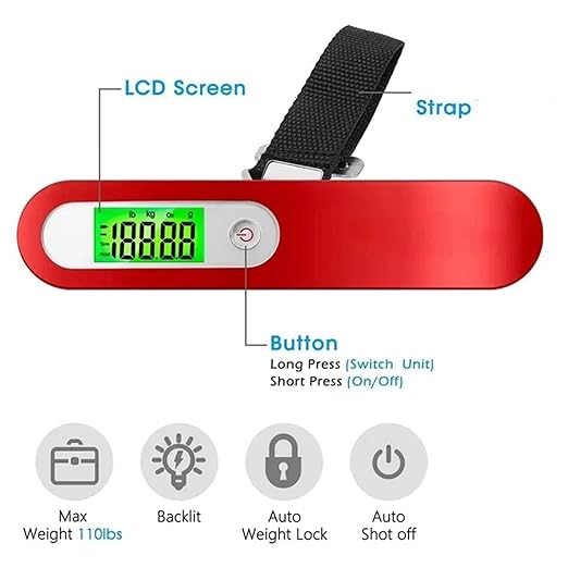 Portable Digital Luggage Scale - 2 Pack, Handheld Electronic Scale for Travelers, 110 lbs Capacity, Lightweight Travel Scale (d) - Aurate Weight Measurement (Red 1)